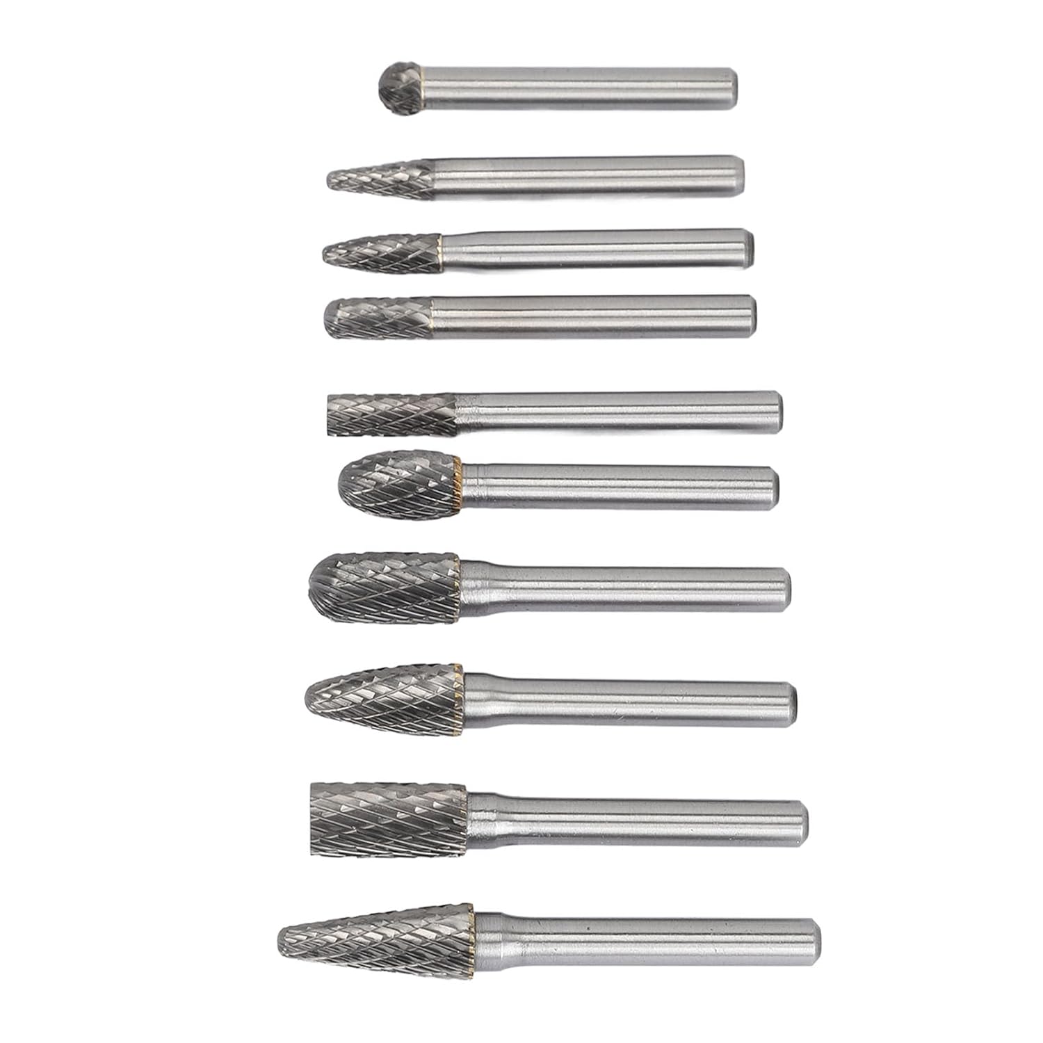 10Pcs Tungsten Carbide Rotary Files Bits Set, Double Cut Carbide Burrs for Metal Wood Grinding, Cylindrical Ball Flame Tree Shaped Bits with Storage Box for Rotary Tools