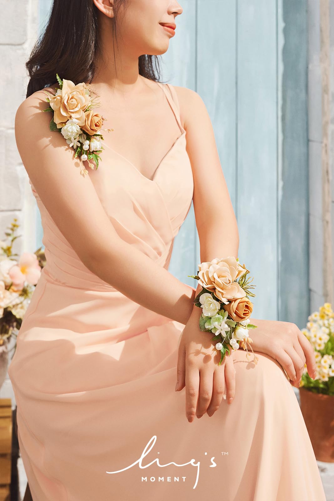 Ling's moment 2er Set Gelb, Orange & Pfirsich Handgelenk-Bouquet, Künstliche Blumen für Hochzeit | 2 Stück, künstliche Blumen, Mädchen/Mutter, Heimkehr/Hochzeits-Armbanddekoration
