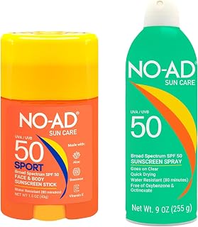NO-AD SPF 50 Sunscreen Bundle: 9 oz Spray + 1.5 oz Sport Stick, Broad Spectrum UVA/UVB Protection, Water Resistant, Non-Greasy, Non-Toxic, Suitable for All Skin Types, Active Lifestyle Sun Care