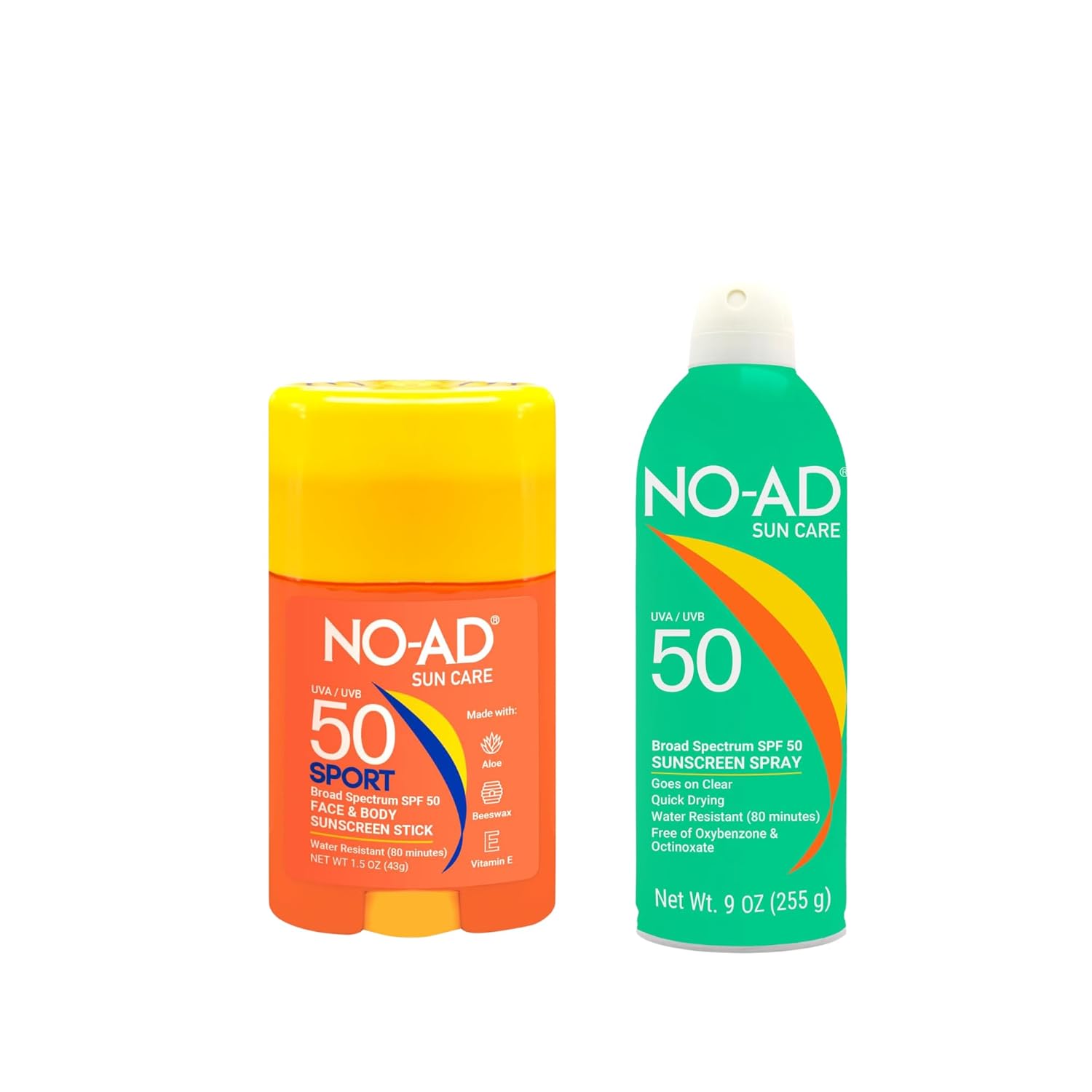 NO-AD SPF 50 Sunscreen Bundle: 9 oz Spray + 1.5 oz Sport Stick, Broad Spectrum UVA/UVB Protection, Water Resistant, Non-Greasy, Non-Toxic, Suitable for All Skin Types, Active Lifestyle Sun Care