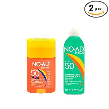 NO-AD SPF 50 Sunscreen Bundle 9 oz Spray + 1.5 oz Sport Stick, Broad Spectrum UVA/UVB Protection, Water Resistant, Non-Greasy, Non-Toxic, Suitable for All Skin Types, Active Lifestyle Sun Care