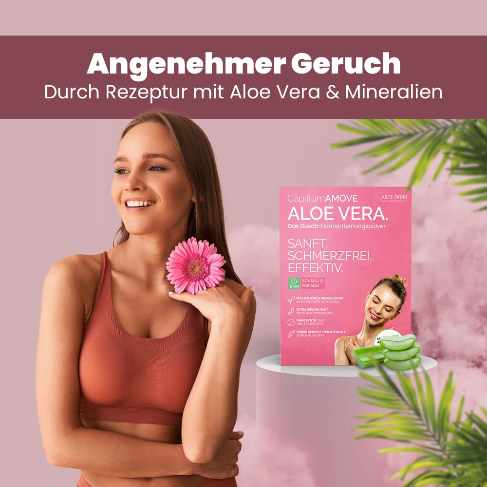 Capillum AMOVE Aloe Vera 3x500g Enthaarungscreme Intimbereich Frau - sanftes Enthaarungspulver Frauen schmerzfreie Dusch-Intim Enthaarungscreme Frauen ohne Zusatzstoffe mit neutralem Geruch