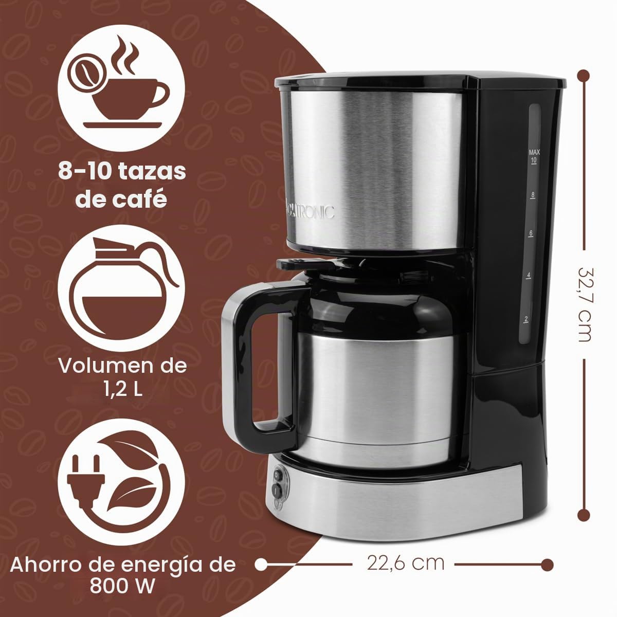 Clatronic, cafetera acero inoxidable, protección antigoteo, portafiltro, jarra termo 1,2L, KA3805, acero inoxidable/negro