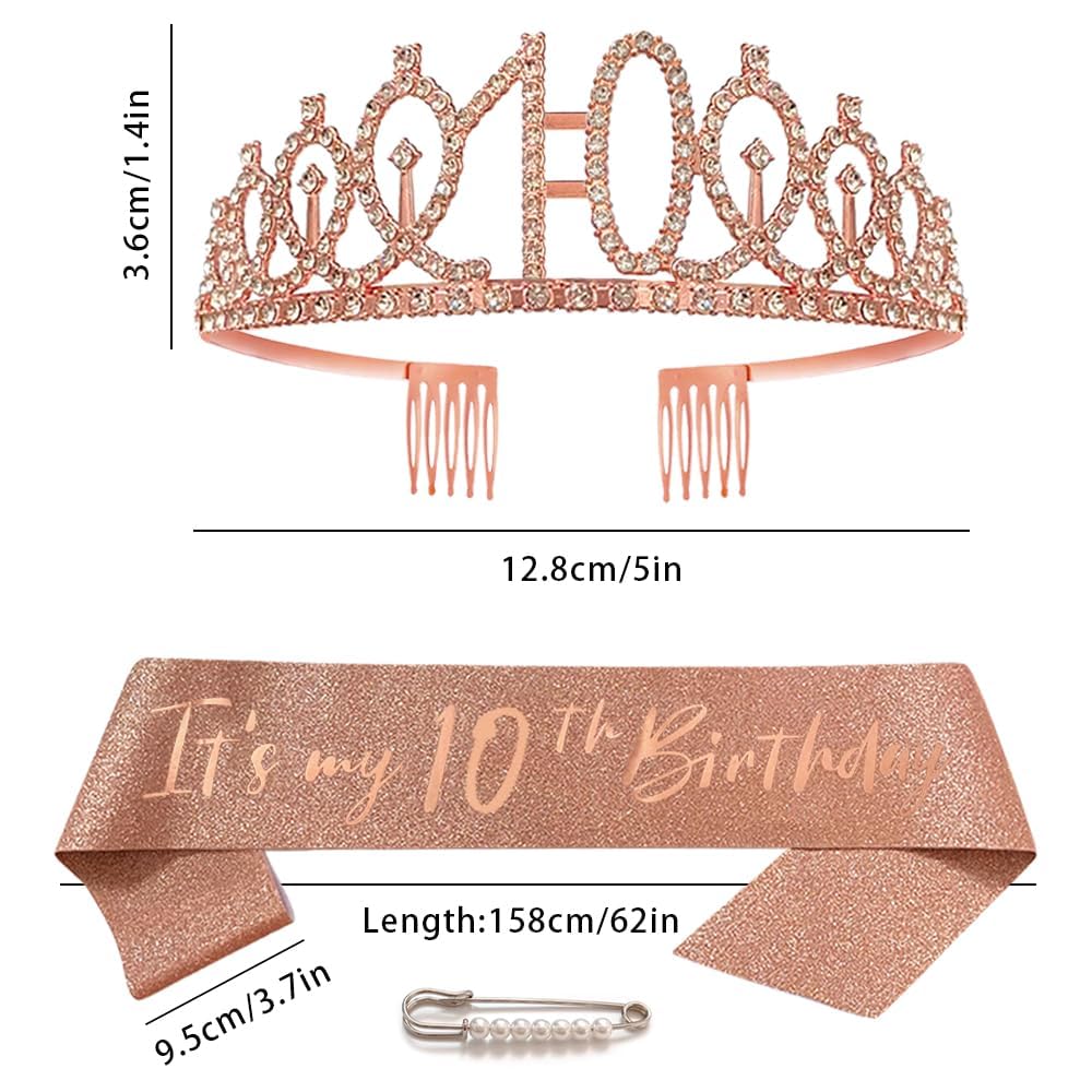 Fascia per 10°Compleanno e Diadema, Coroncina per Ragazza Oro Rosa, Corona di Strass e Favoloso Regali