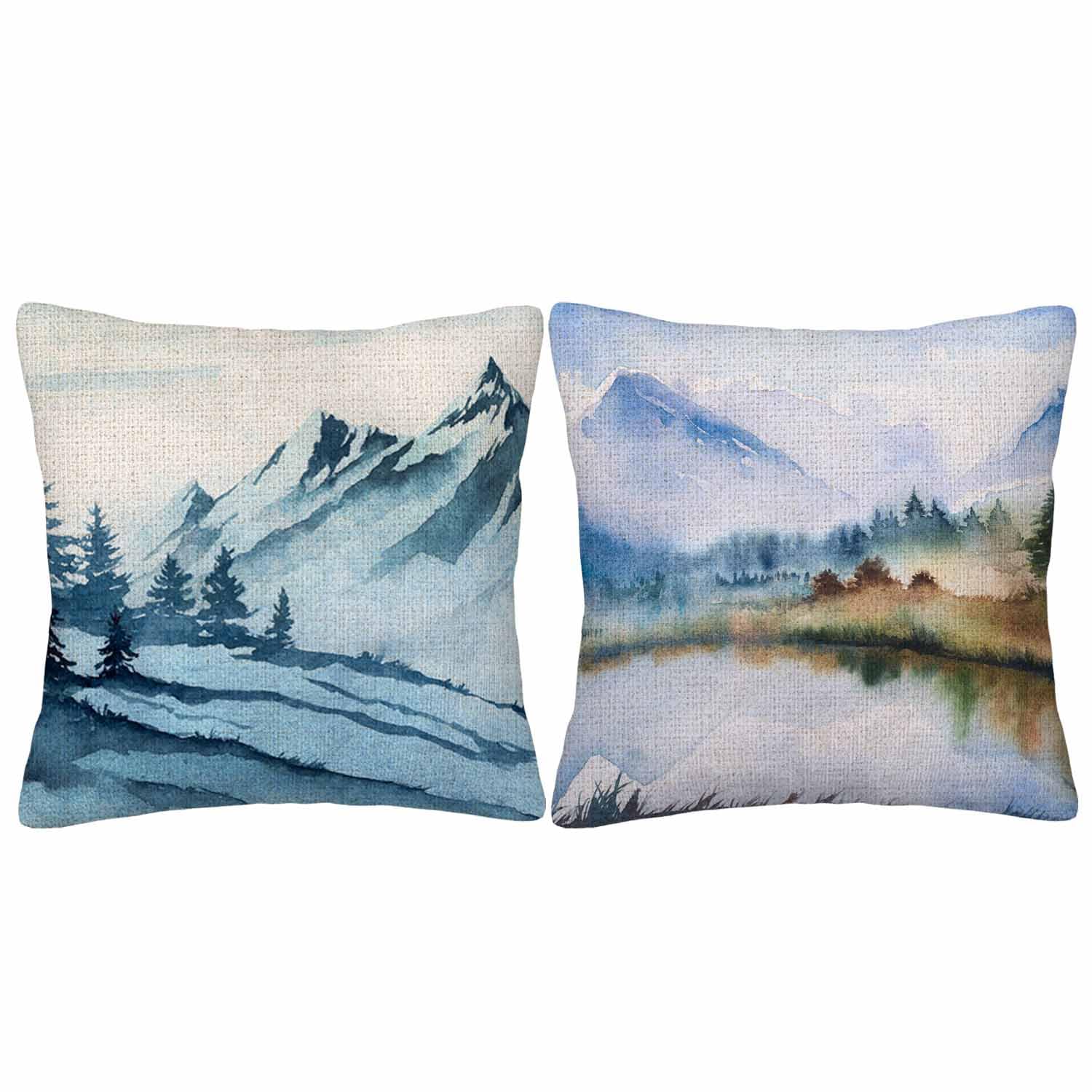 GSRONY Foggy Mountain Throw Pillow Covers Set of 2,Watercolor Misty Tree Landscape Ink Mountain Decorative Pillow Case Home/Car Decor 18X18 Inches Two