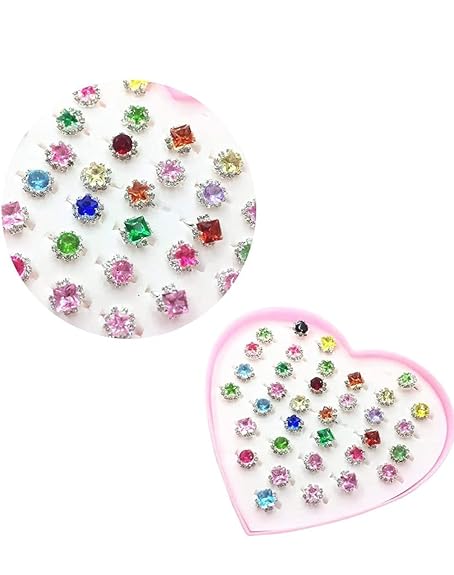 Cute Adjustable Cartoon Rings Set of 36 Finger Rings for Girls Kids Pink Heart Shape Jewelry kit for Kids Suitable for Age 3-14 yrs Jewellery Set for Girls