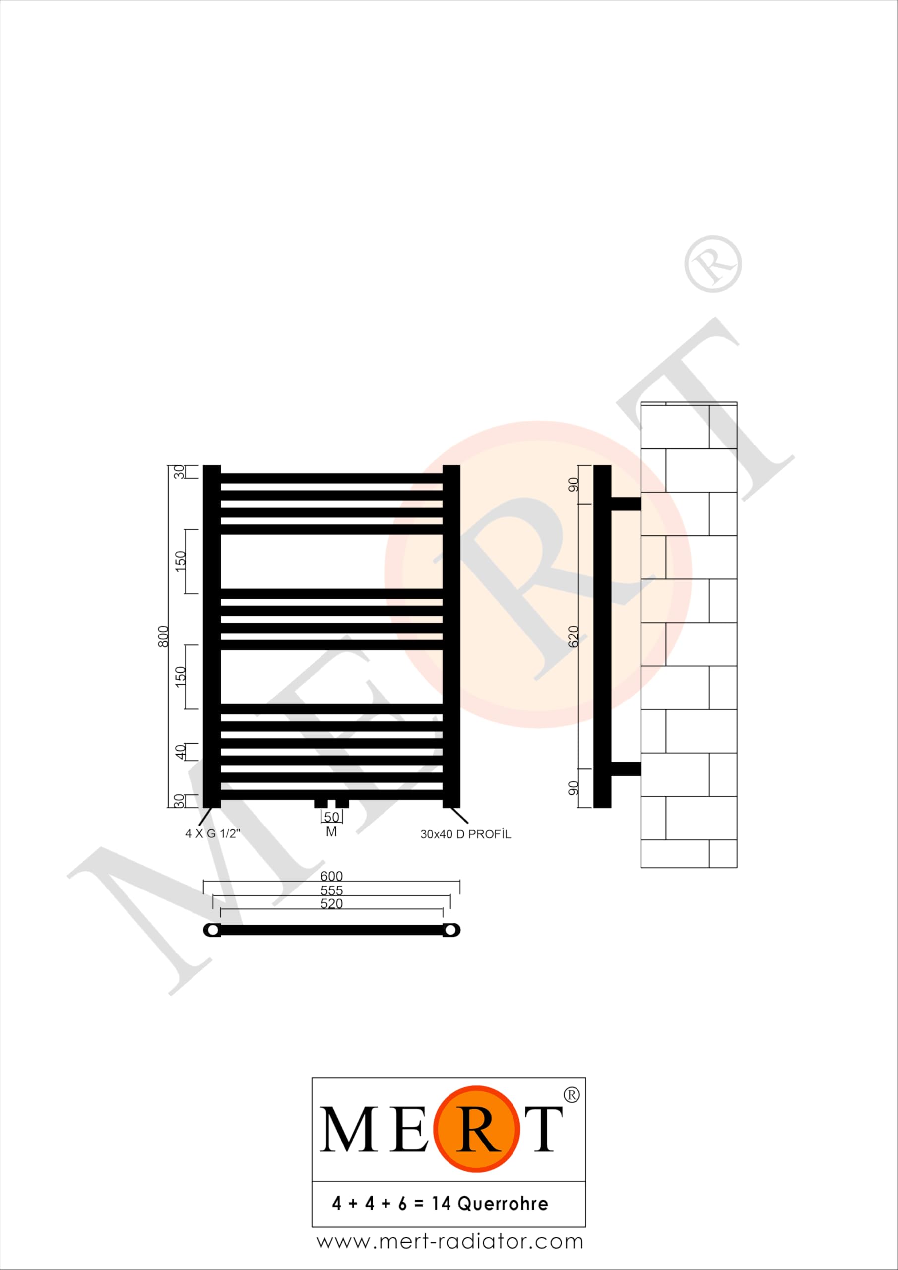Mert Heizung mit Thermostat Fernwärme Warmwasser Bad-Heizung 800x600 Bad-Heizkörper 1/2 Zoll Mittelanschluss 50 mm weiß Handtuchhalter für Wandmontage