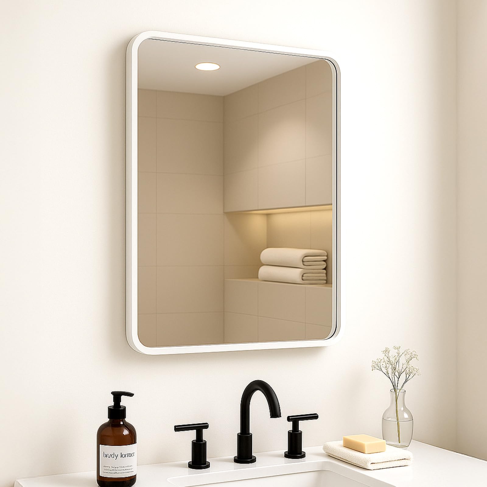 CROWNSHOP Rectangle Wall Mirror with White Aluminum Frame 54x42cm HD Glass & Rounded Corners, Vertical/Horizontal Hanging for Bathroom, Living Room, Hallway