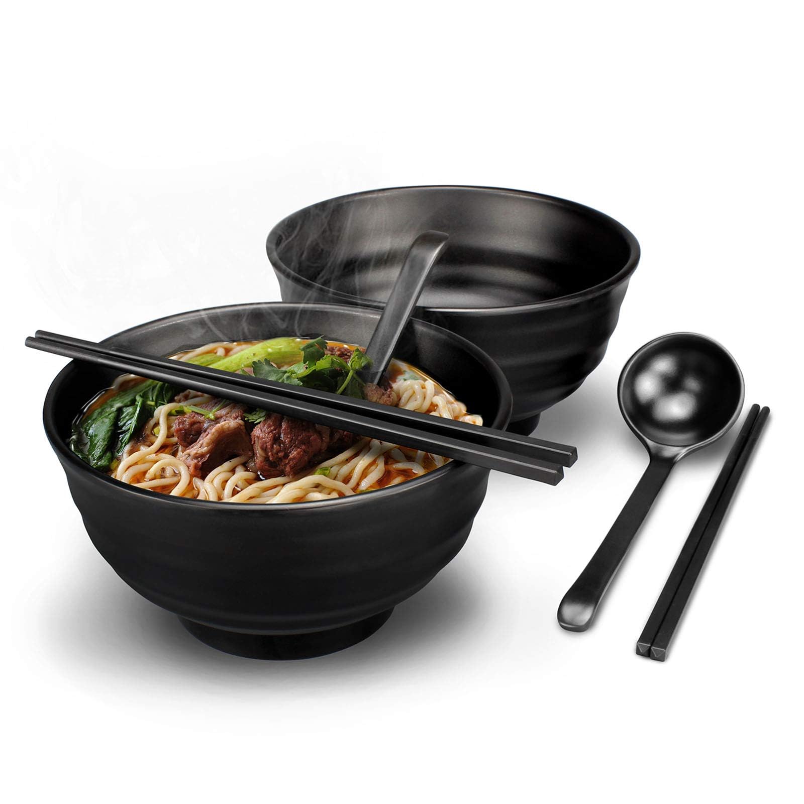 Unbreakable Ramen Cereal Bowls, 35 oz Large Bowl Sets of 2, 1300ml Japanese Ceramic Noodle Bowls (with Spoons, Chopsticks Kits), Plastic Salad Bowl, Non-microwave oven Bowls for Kitchen and home