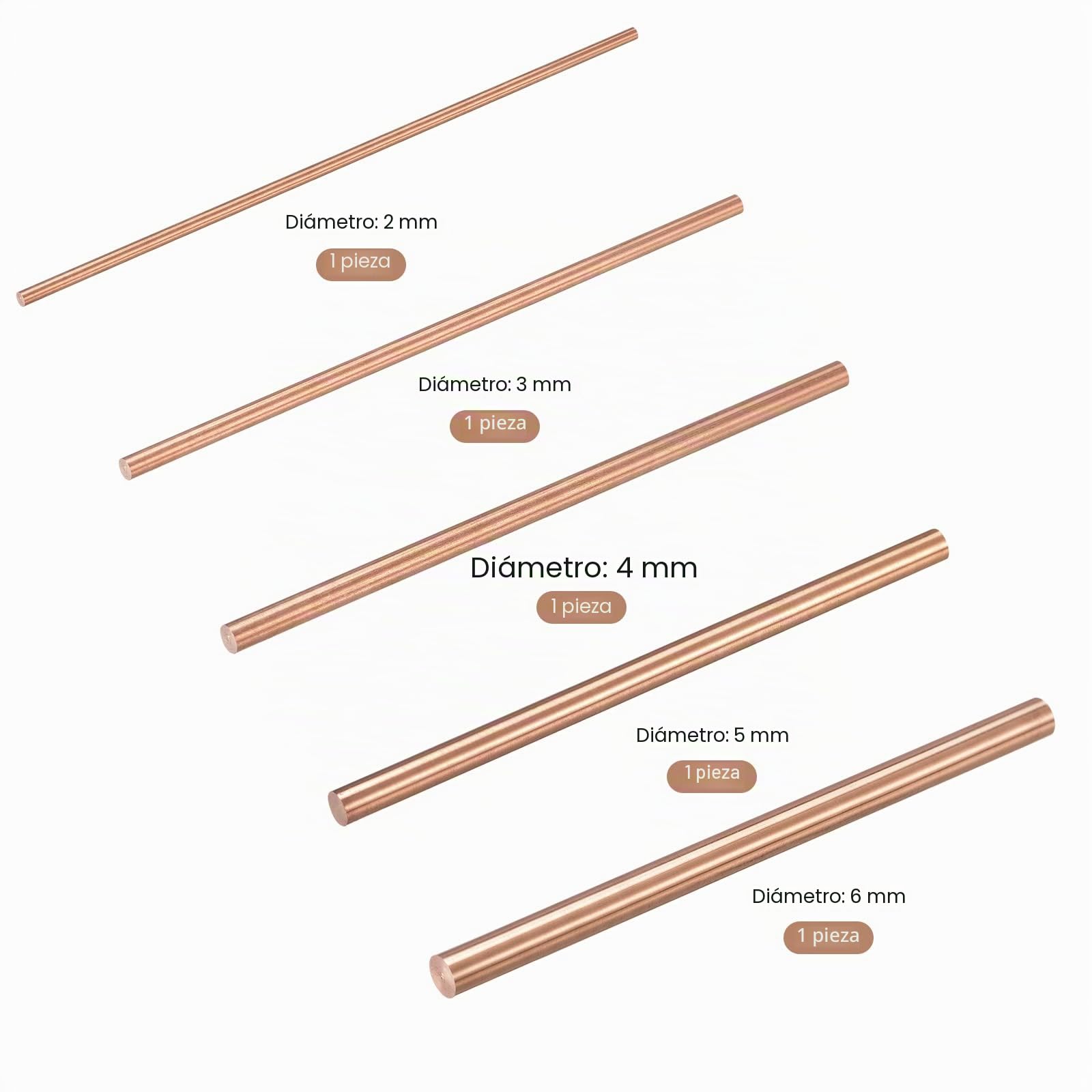 sourcing map 5en 1 Conjunto 2,3,4,5,6mm Diámetro 100mm Sólido Cobre Redondo | Varilla Torno Barra Almacenamiento, Longitud, para DIY Artesanía