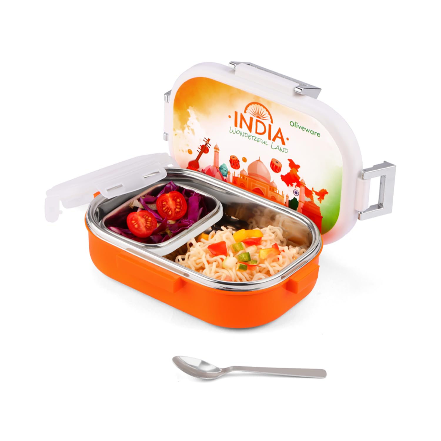 Oliveware Snacky Kids Lunch Box, Stainless Steel in 700ml Include Sabzi Container(180ml) & Steel Spoon, Food Grade BPA Free, Leak Proof & Colourful Designs (Orange) (B0CYQ6GHHX) Amazon Price History, Amazon Price Tracker