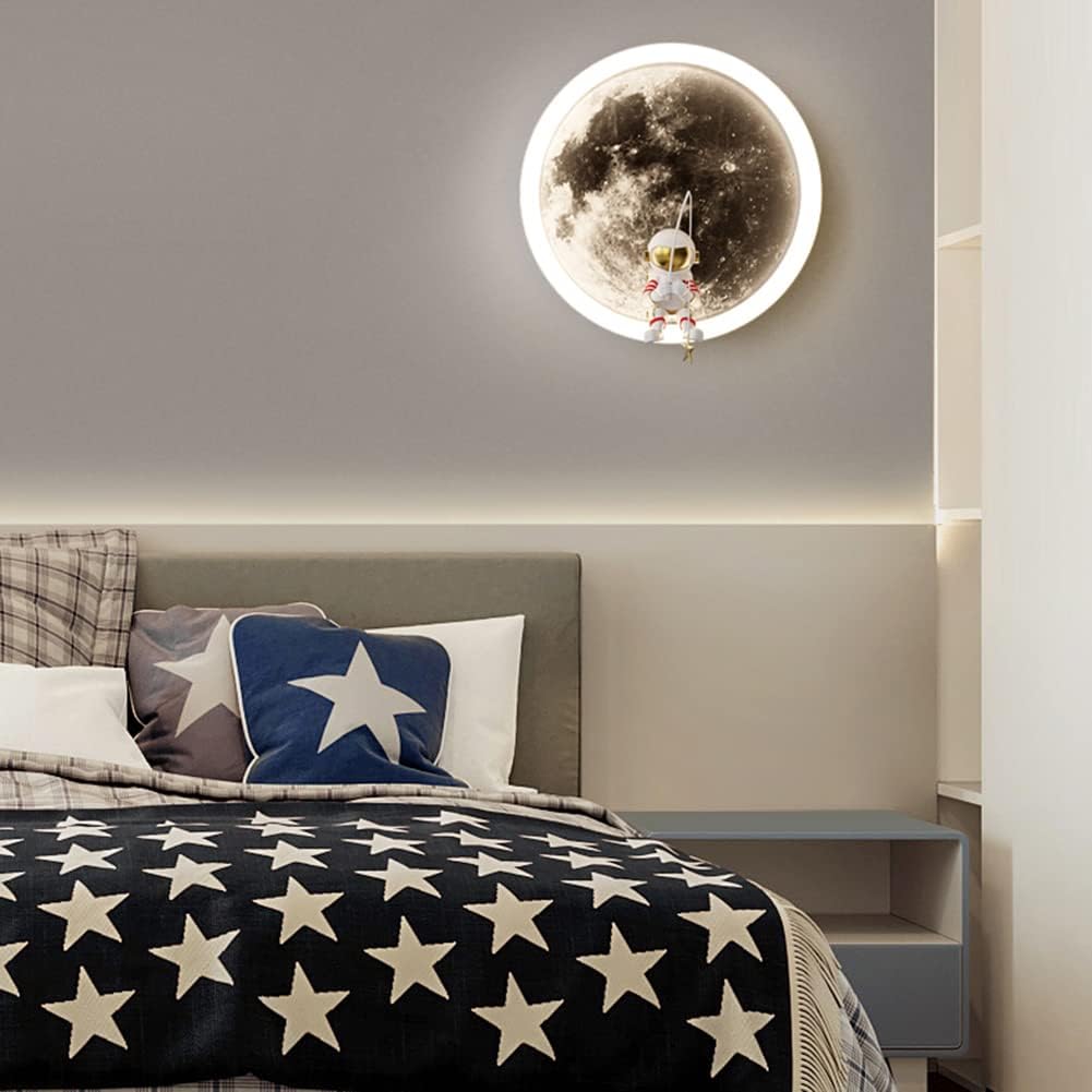 LED bambini luce di luna parete luce, decorazione astronauta interna, 3000K 12W bambini circolare camera da letto Bianco