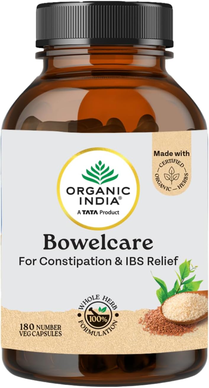A TATA Product - Organic India Bowelcare - 180 Veg Capsules, Helps Relieve Constipation, Hyperacidity & IBS, Clean & Lubricate Bowel, Normalizes Digestion & Elimination, GMP & NPOP Certified Organic