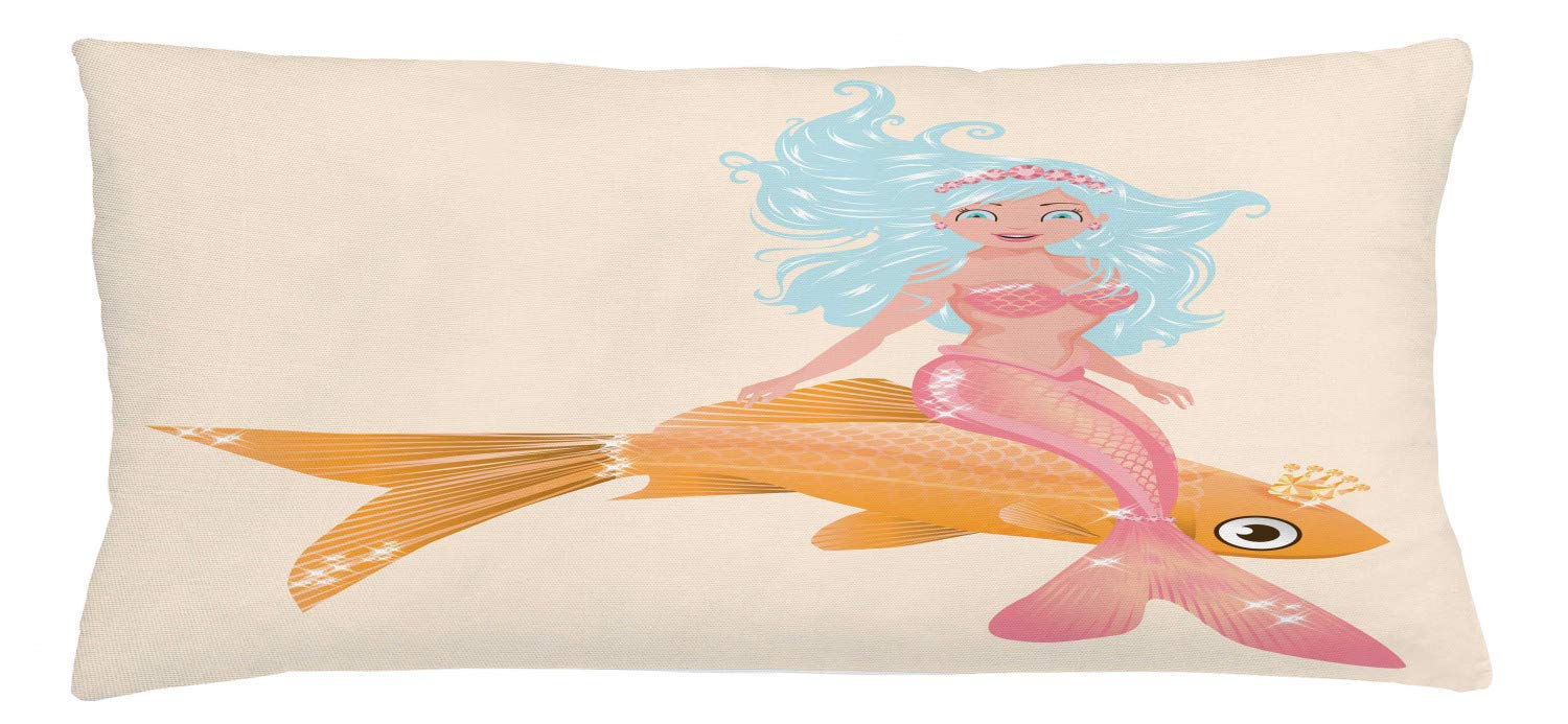 Lunarable Underwater Throw Pillow Cushion Cover, Smiling Mermaid Lady and Golden Yellow Fish Illustration Cartoon, Decorative Square Accent Pillow Case, 36