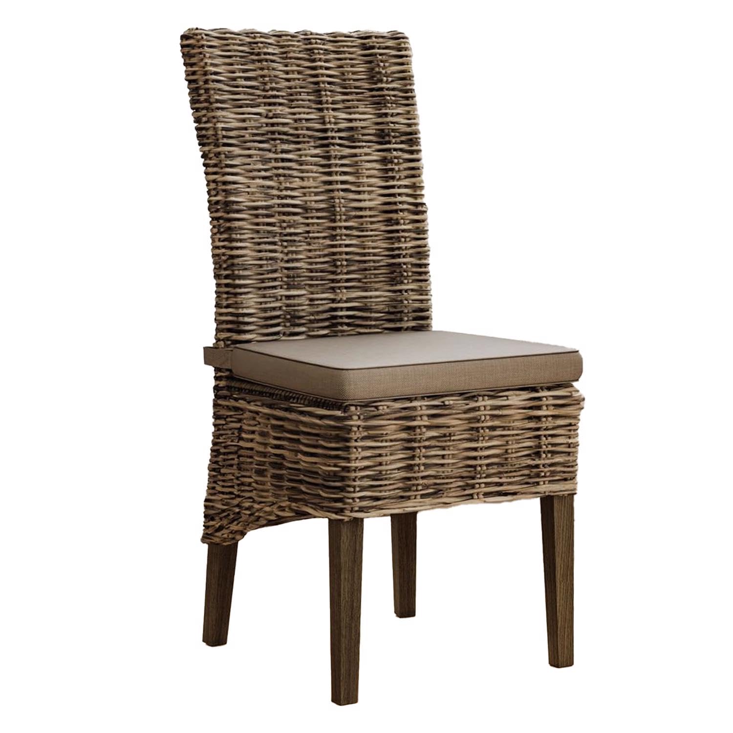 FWStyle Greywash Handmade Kubu Rattan Dining Chairs Pair with Dark Wood Legs