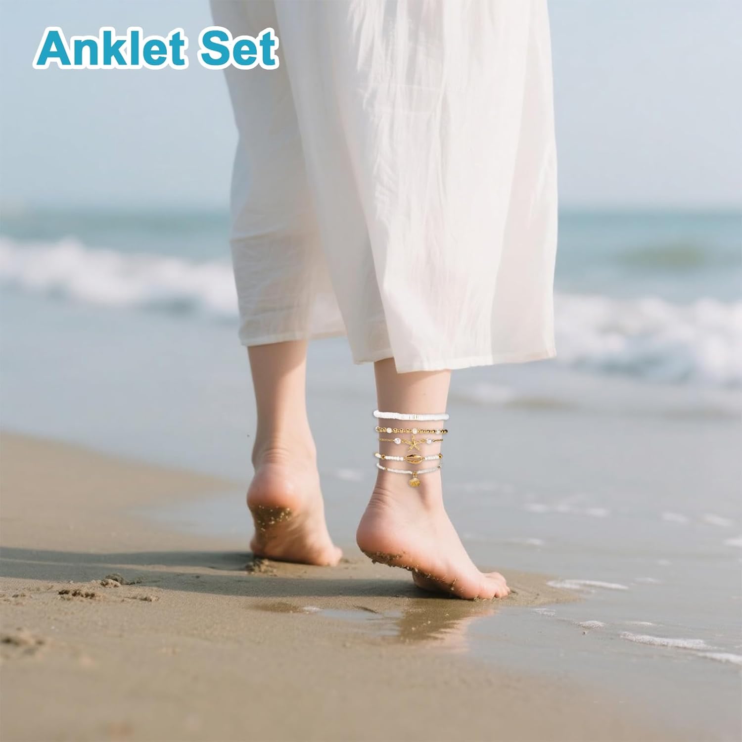 Bead Ankle Seashell Bracelets Set for Women, Adjustable Boho Gold Beach Anklets with Pearl Conch Starfish Shell Disc Charms Hawaiian Foot Jewelry for Summer Fashion Gifts - Image 7