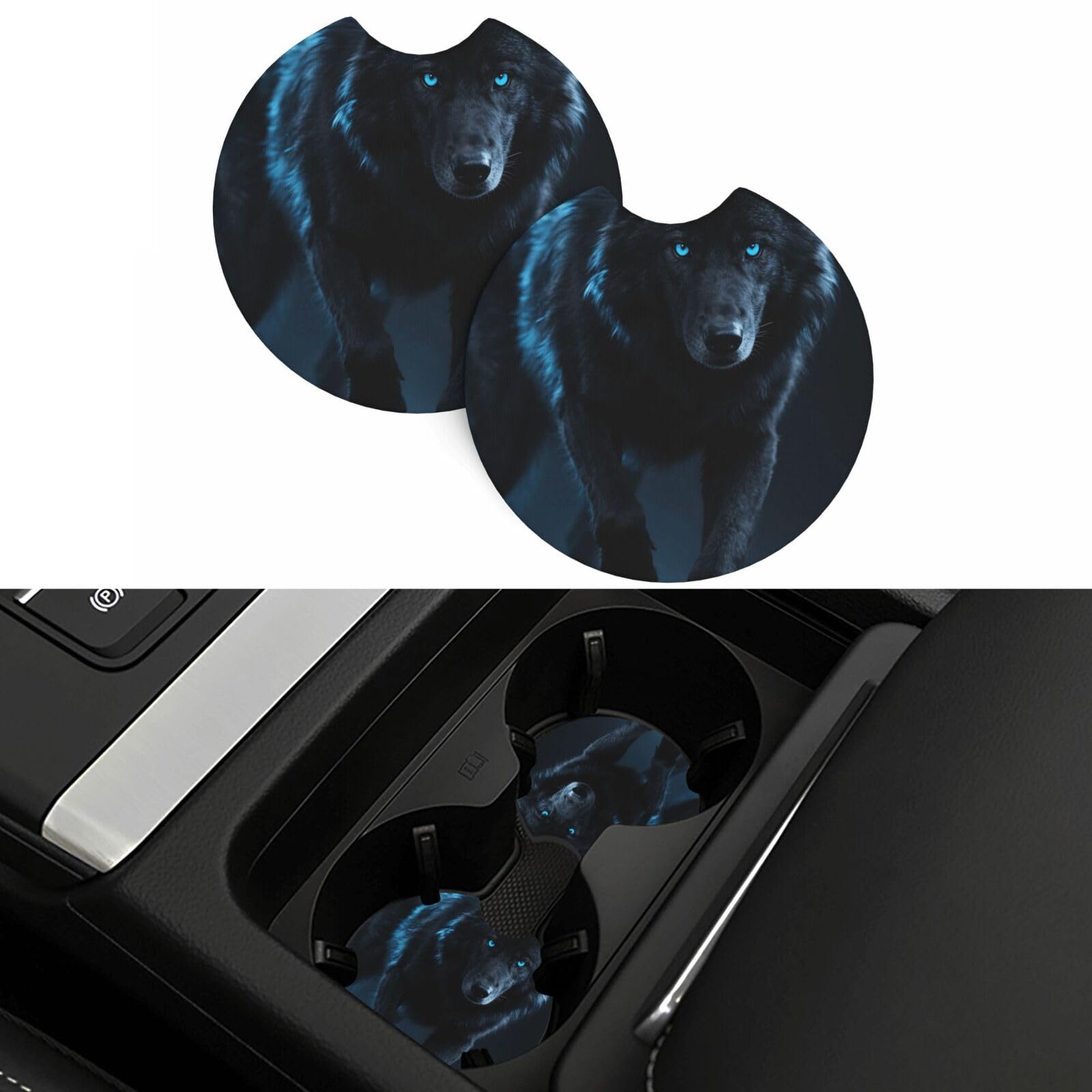 2 Pack Car Coasters,2.7" Universal Car Cup Holder Coasters Non-Slip Neoprene Cup Pad Mat Coaster Car Interior Accessories for Women Men Cool Cyan Black Wolf