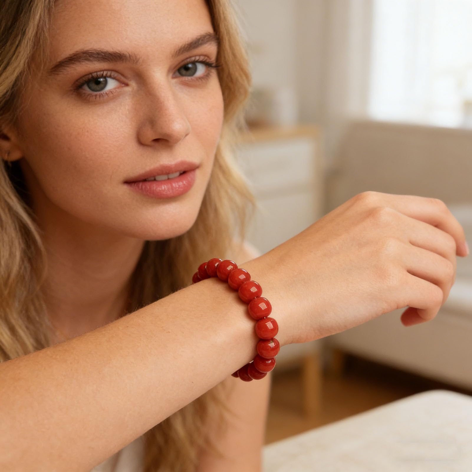 Bracciale in Agata Nanhong - Perline Naturali di Pietre preziose Rosse Cinesi per energia ed Equilibrio, Gioielli in Cristallo Elasticizzato Fatti a Mano per Donne e Uomini,8MM