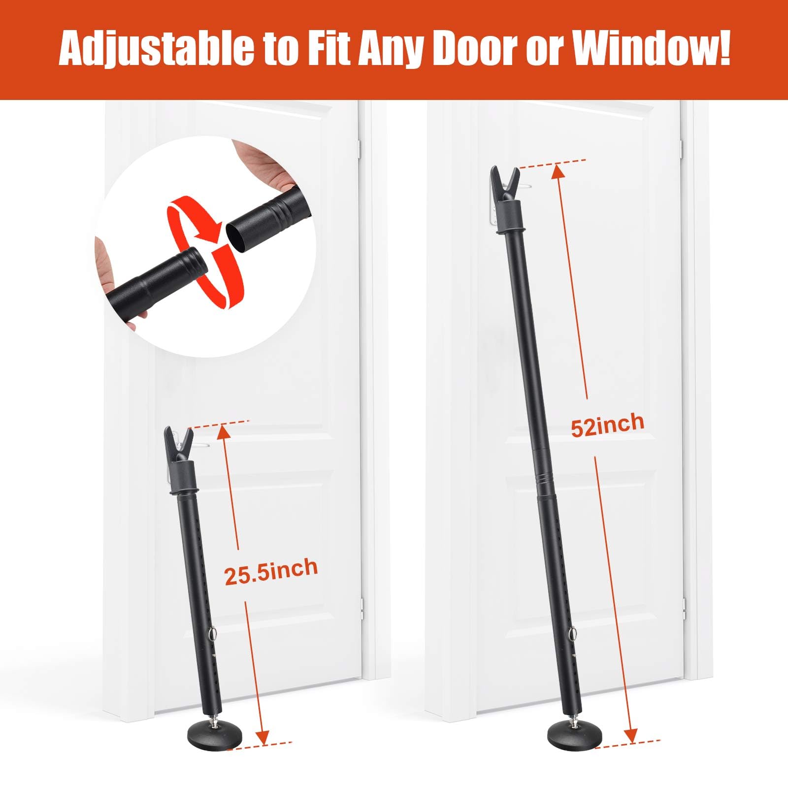 Barra de seguridad para puerta, base antideslizante mejorada, tope de puerta antirrobo resistente, tope de seguridad ajustable de 28 a 52 pulgadas, para puerta delantera, patio, ventana corrediza de