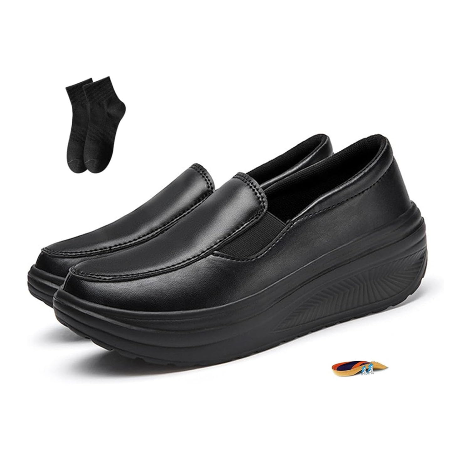 Women's Ergonomic Pain Relief Arch Support Leather Shoes, Platform Wedge Women's Walking Shoes Slip on Loafers Comfy Lightweight Rocker Bottom Sneakers Nurse Shoe