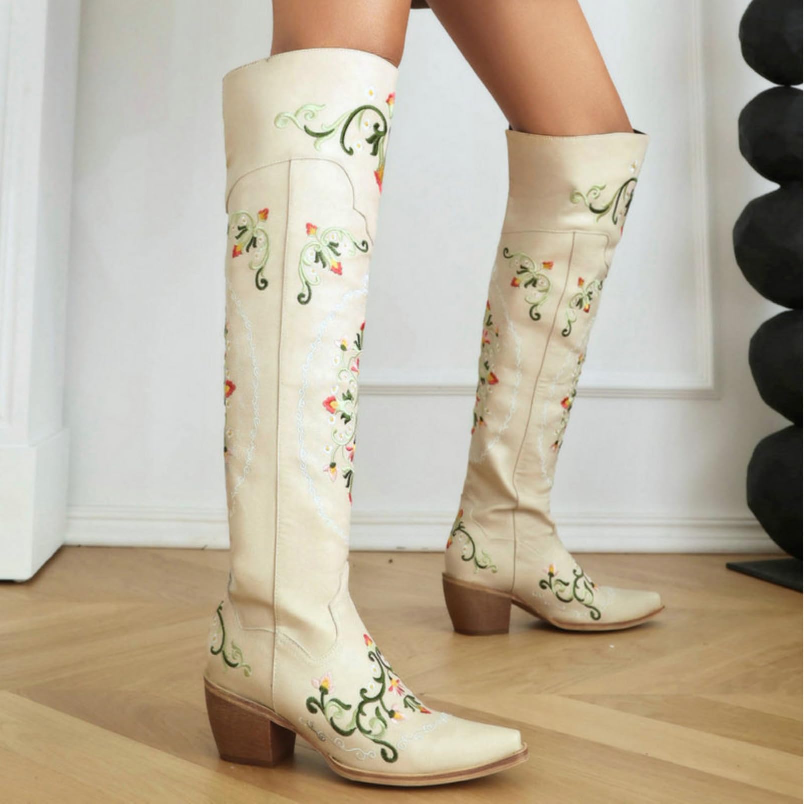 Generico Stivali Cowboy Donna Ricamati a Gambale Largo, Design Senza Lacci per Stile Country