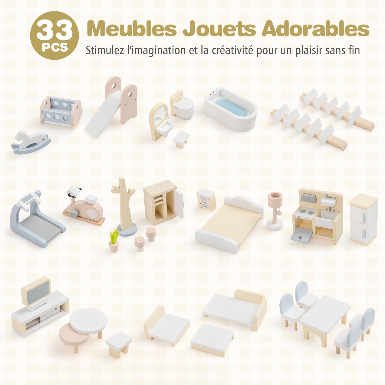 COSTWAY Maison de Poupée Fille en Bois à 4 Étages avec 7 Pièces et 33 Mobiliers, Maison de Rêve avec Escaliers Amovible & Motifs Mignons, Jeu d’Imitation pour 3 Ans+, 63x25x78 cm