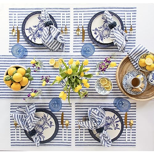 Image of Solino Home 100% Linen Placemats, 14 x 19 in, Navy, Amalfi Stripe, Set of 4
