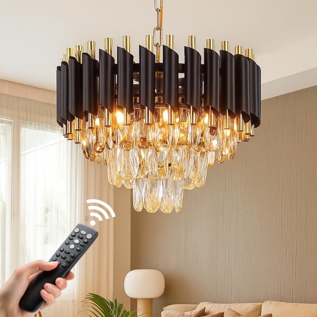 Luxury Black Mamba Crystal Chandelier | Moving Round LED Ceiling Light with Bluetooth Speaker & Remote | RGB Colour Changing | Living Room Chandelier (Moving Black Gold, 300MM)