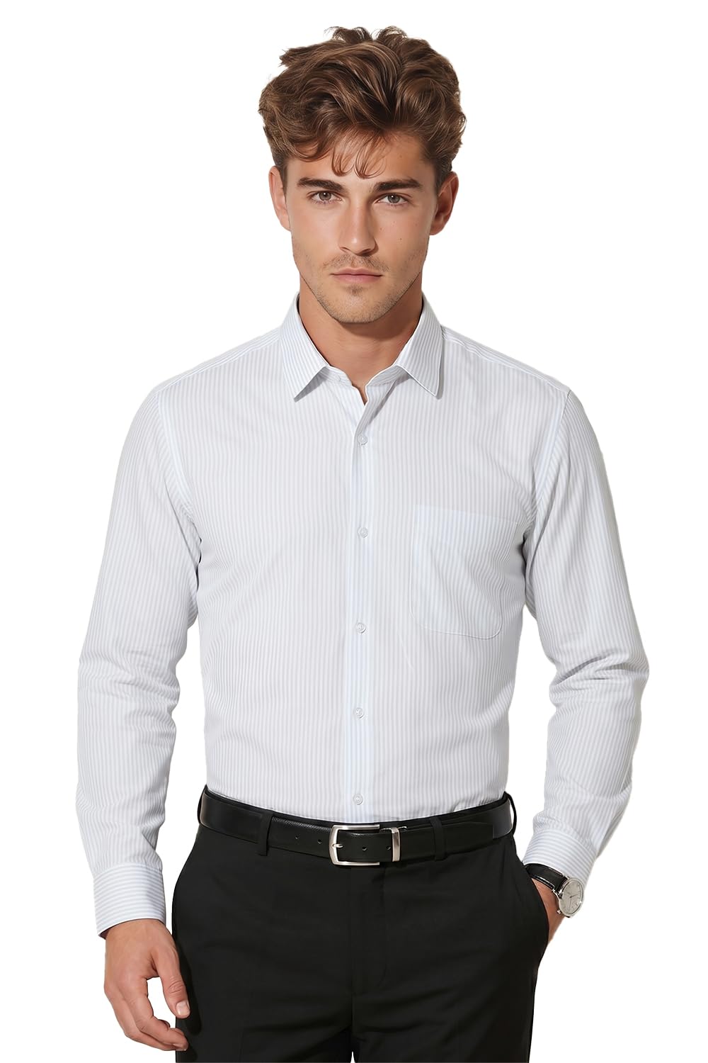 Men's Regular Fit Full Sleeve Striped Formal Shirt | Cotton Rich | Wonder Fabric | Premium Dobby Weave-image-23