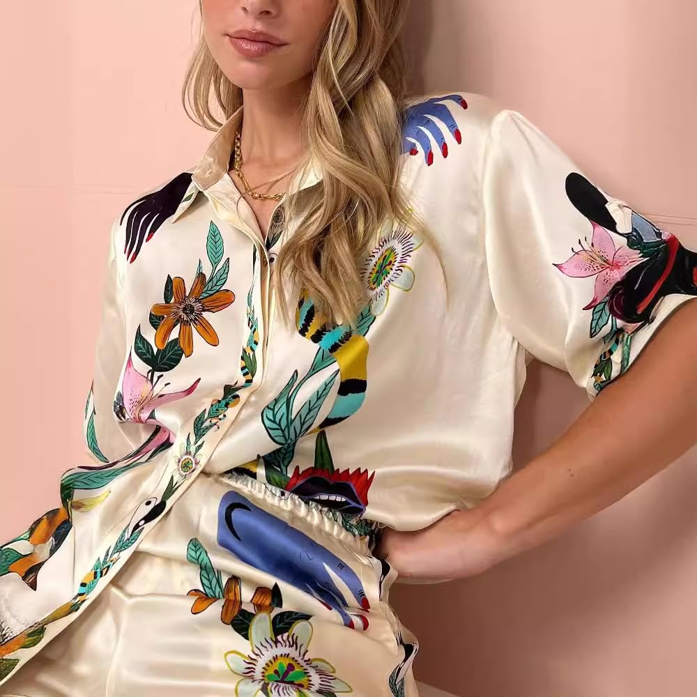 2-teiliges Boho-Outfit für Damen, Sommer, lässig, Graffiti-Druck, passendes Set, kurze Ärmel, Button-Down-Shirt und Hose mit Taschen, hawaiianische Loungewear