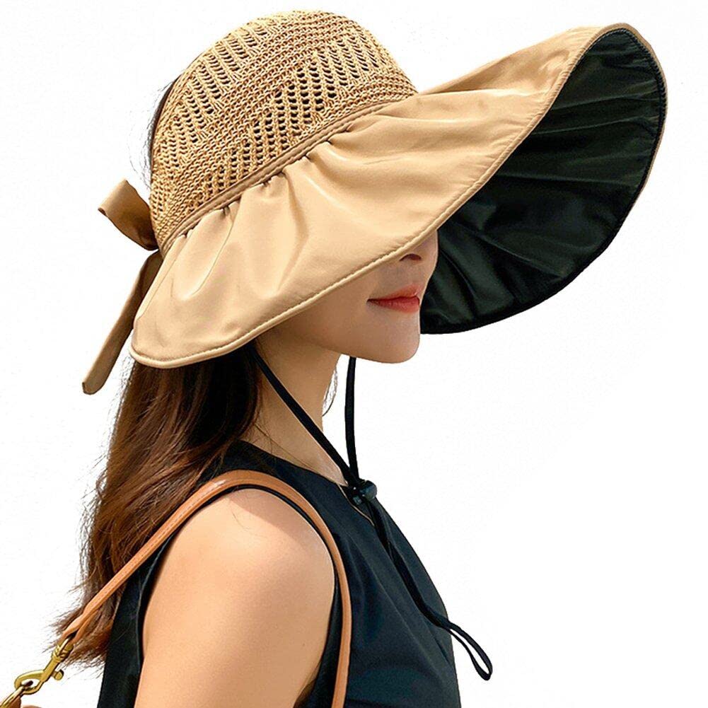 Casiler Women's Khaki Summer Bucket Hat Wide Brim Visor Cap Foldable Beach Cap Hollow Out Sun Hat Ponytail Cap For Girls