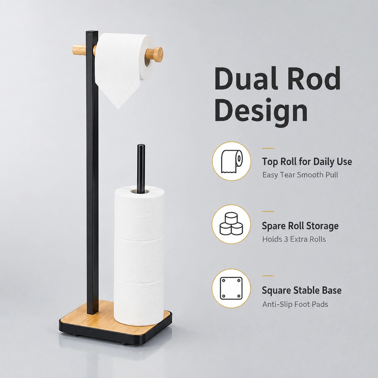 Portarotolo da Terra | Portarotolo Nero Con Ripiano Superiore, Organizer Per Bagno in Stile Bambù