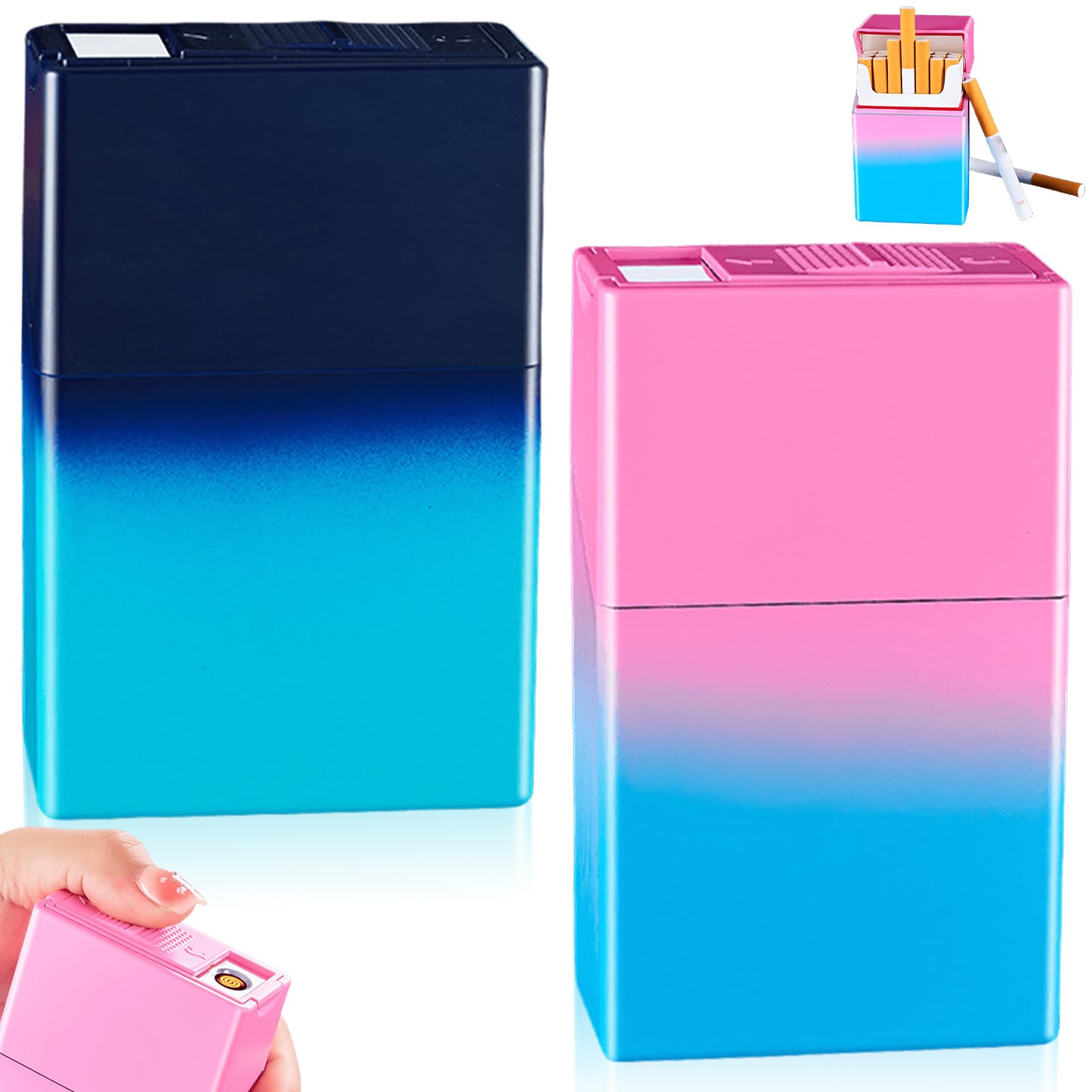 2 Pezzi Portasigarette con Accendino, Portasigarette con Accendino USB Ricaricabile a Prova di Vento, Portasigarette Elettrico in Alluminio con Effetto Gradiente per Regali da Uomo (Blu+Rosa/Nero