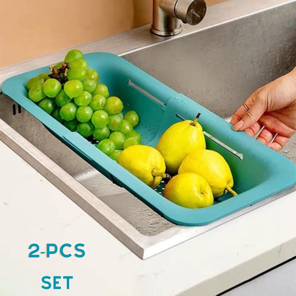 AHASON'S Paquete de 2 coladores para colocar sobre el fregadero, lavar verduras y frutas, escurrir pasta cocida, cesta extensible (juego de 2 unidades)