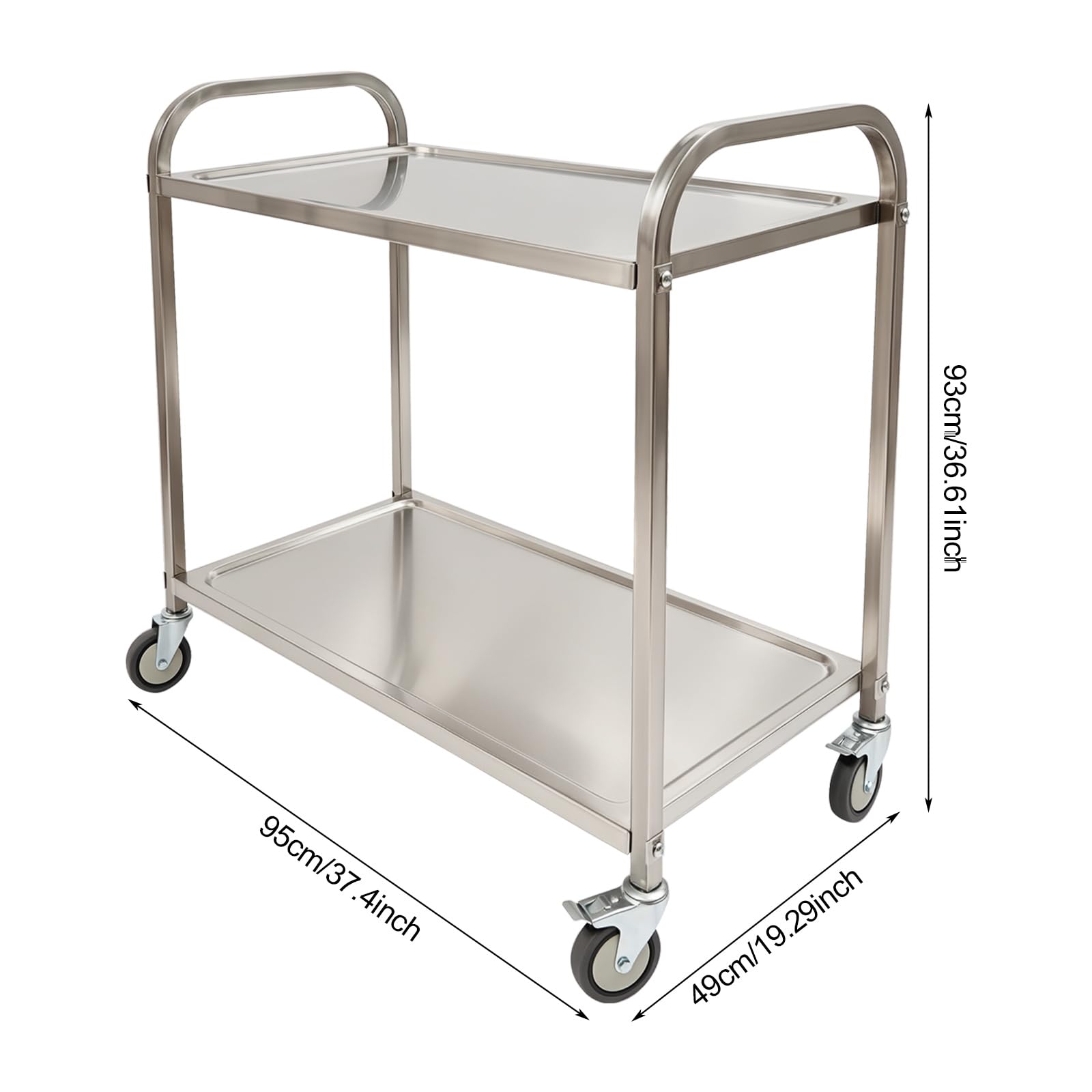 Chariot de service en acier inoxydable 2 étages avec freins 95 x 49 cm
