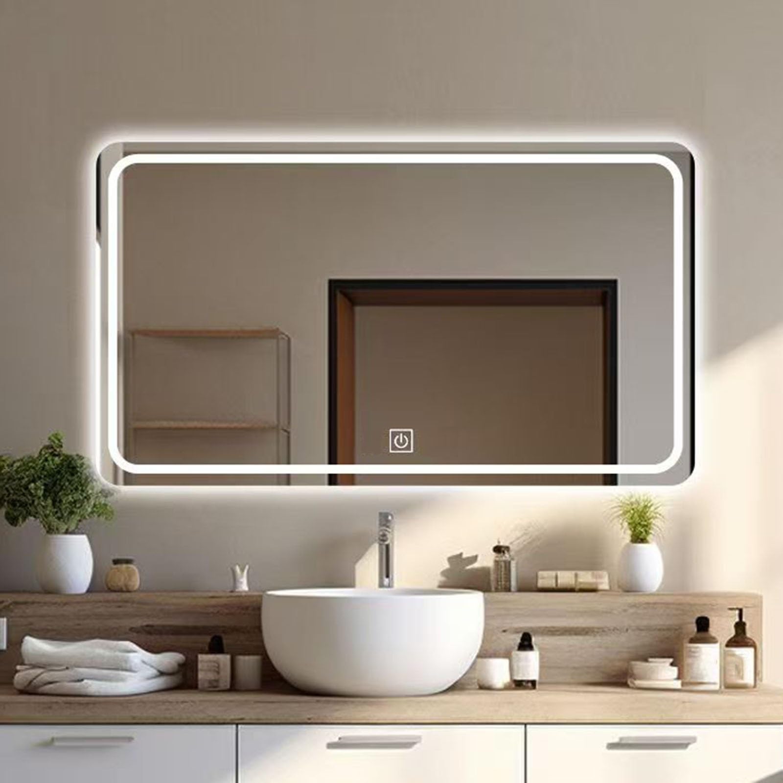 SXFSDOU LED Bathroom Mirror with Stepless Dimming & Touch Controls | Horizontal Rectangular Illuminated Makeup for Living Room or