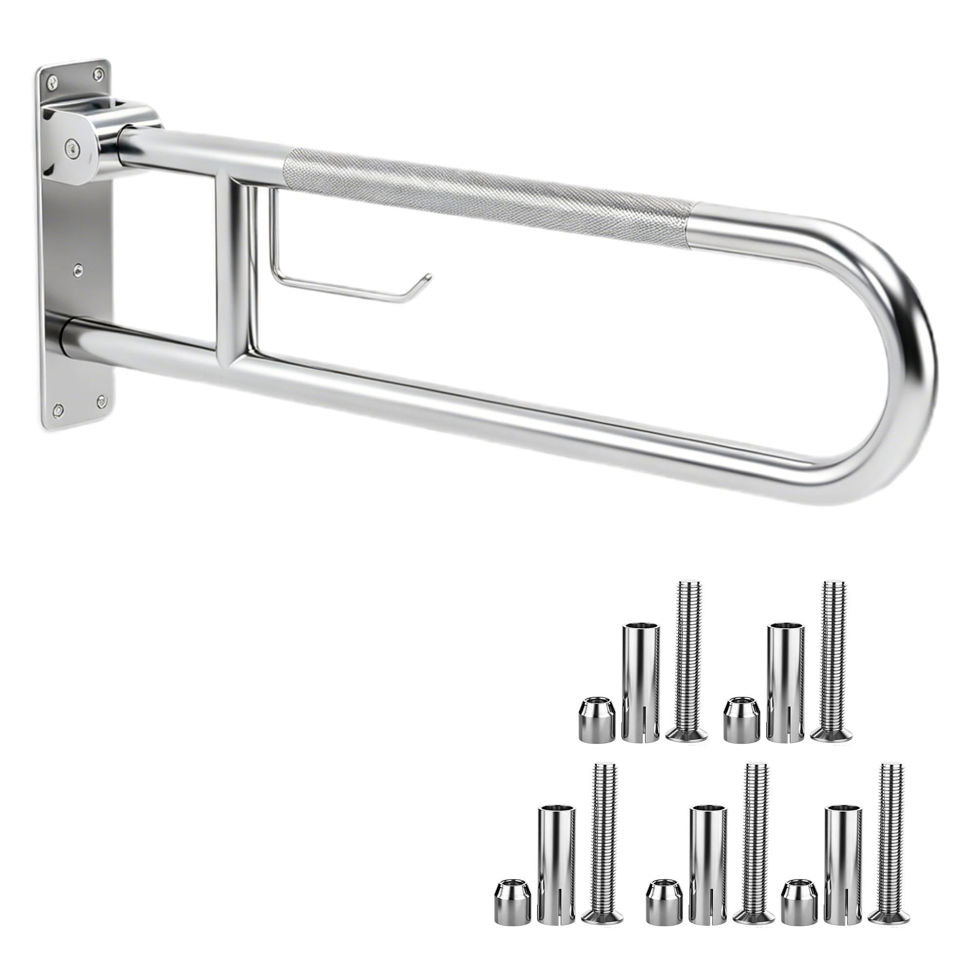 22.5 Inch Toilet Grab Bar, HUAS Chrome Anti Slip Bathroom Toilet Safety Rails, U Shaped Flip-Up Handicap Grab Bars w/Paper Holder, Stainless Steel Support Handrail for Elderly Disabled Senior