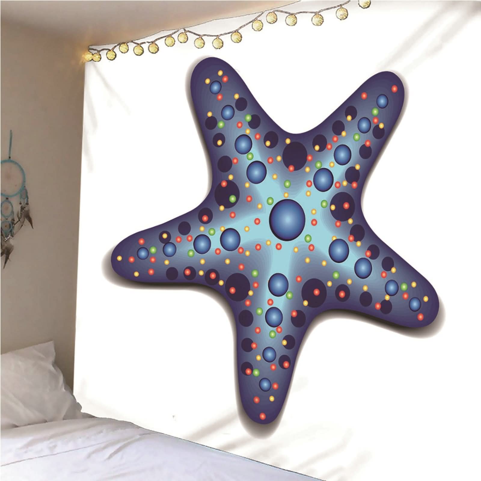 Tapices Macramé Grande, Decoración Navideña Exterior Estrella de Mar Poliéster Blanco Azul 150x130CM