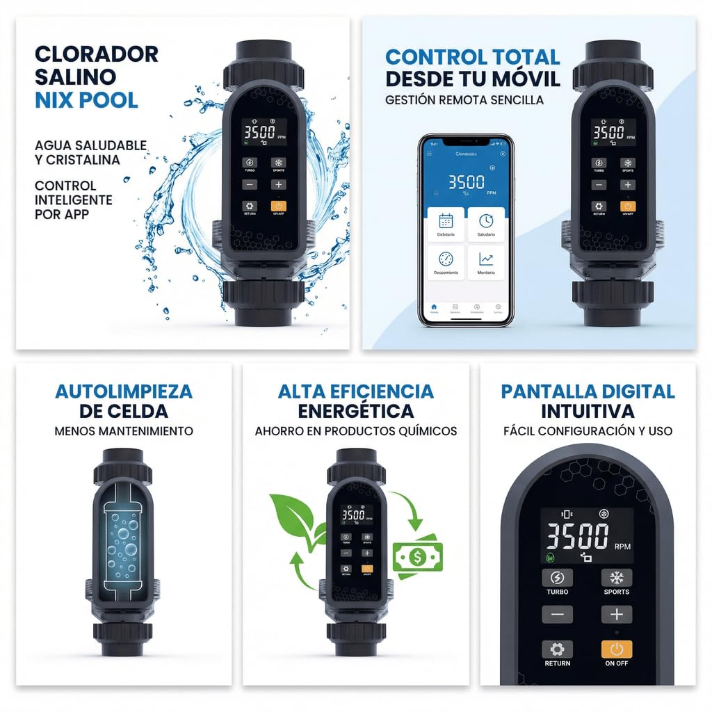 Nix Pool Clorador Salino para Piscinas con WiFi, Control por App, Desinfección de Piscinas por Electrólisis Salina, Control de pH (LC250A - 25 gr/h)