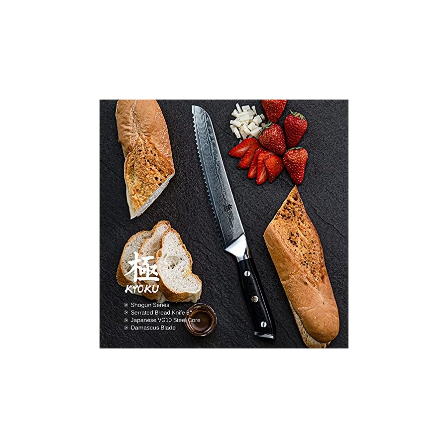 KYOKU-Serrated-Bread-Knife-8-Shogun-Series-Japanese-VG10-Steel-Core-Damascus-Blade-with-Sheath-Case KYOKU Serrated Bread Knife - 8" - Shogun Series - Japanese VG10 Steel Core Damascus Blade - with Sheath & Case