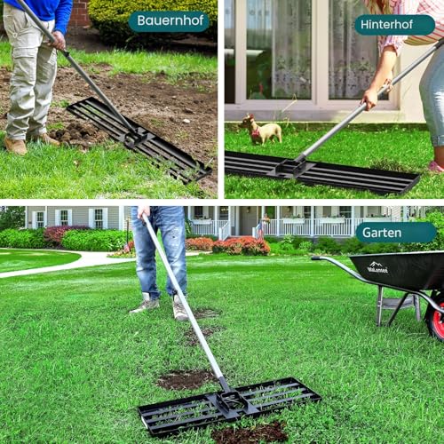 Walensee Rasen-Nivellierungsrechen, Garten Rasenrakel, Müheloses Rasennivellierwerkzeug, Rasen Sanden Harke Edelstahlgriff, Gardena Rechen Vertikutierer für Garten, Golfplatz, 198cm, 43,2 x 25,4 cm