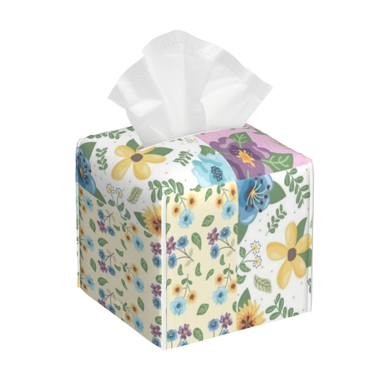 Floral Pattern Patchwork Tissue Box Cover 5" Square Leather Tissue Holder Facial Tissue Case for Tabletop Bedroom Bathroom Desk Decor