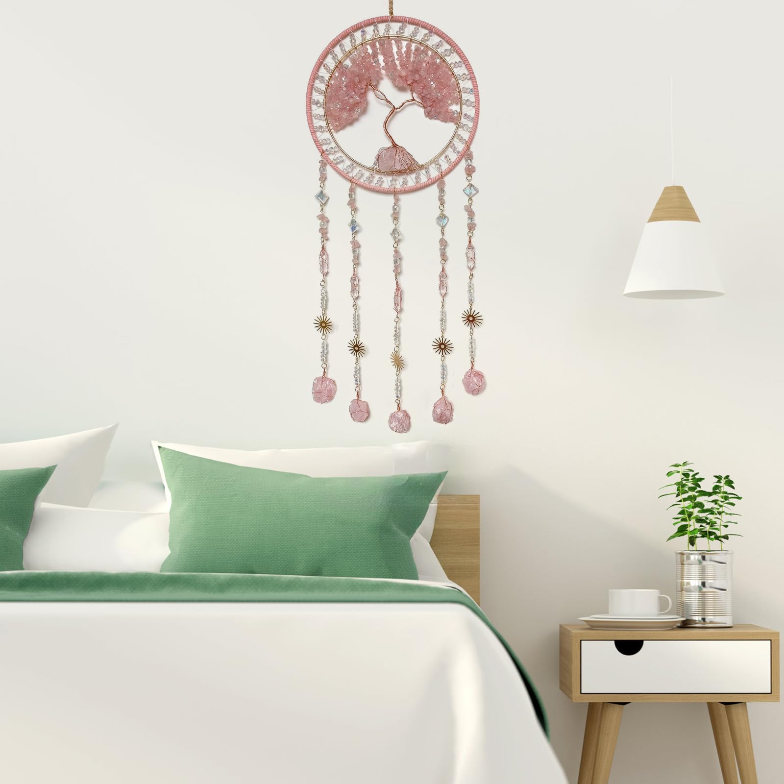 Kristall Baum des Lebens Traumfänger mit Stein Anhänger Rosa Traumfänger Wanddekoration Handgemachte Traumfänger Wandbehang Ornament für Schlafzimmer Wohnzimmer Wohnkultur