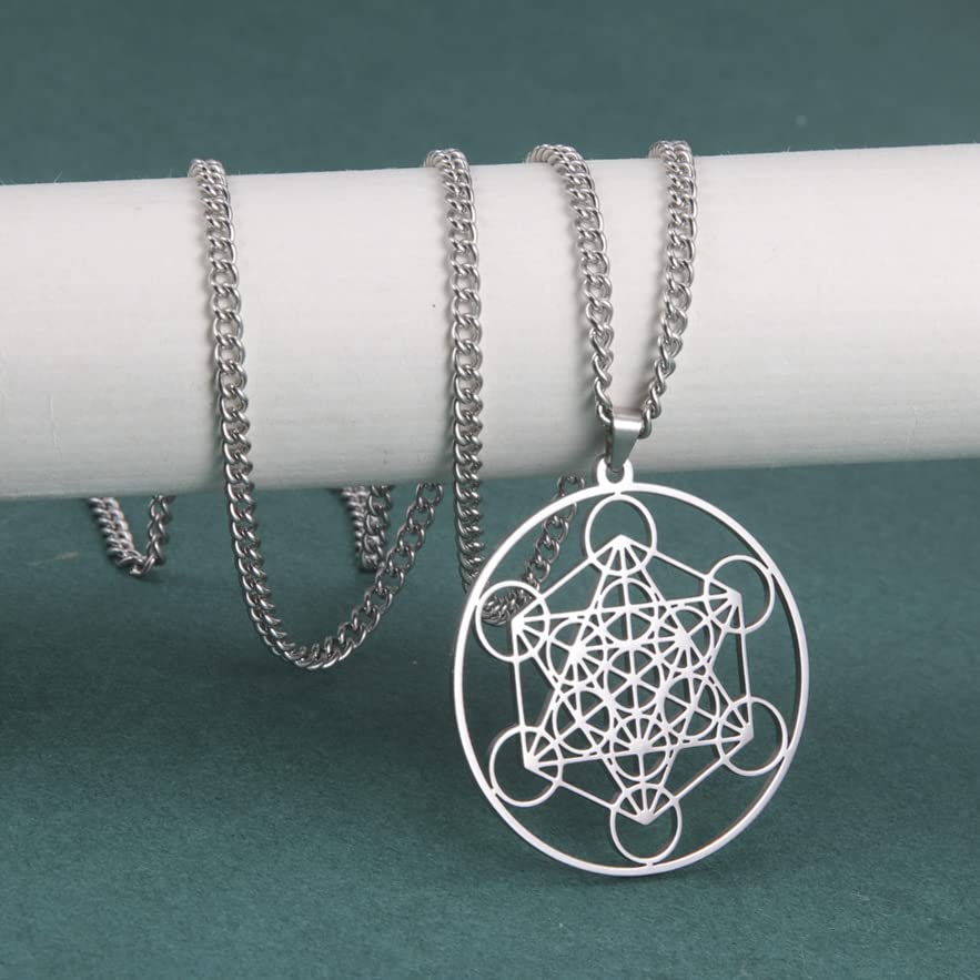 VASSAGO Metatron's Cube Necklace Stainless Steel Geometric Hollow Mesh Pendant Sacred Hexagram Religious Jewelry for Men Women (1-Silver)4