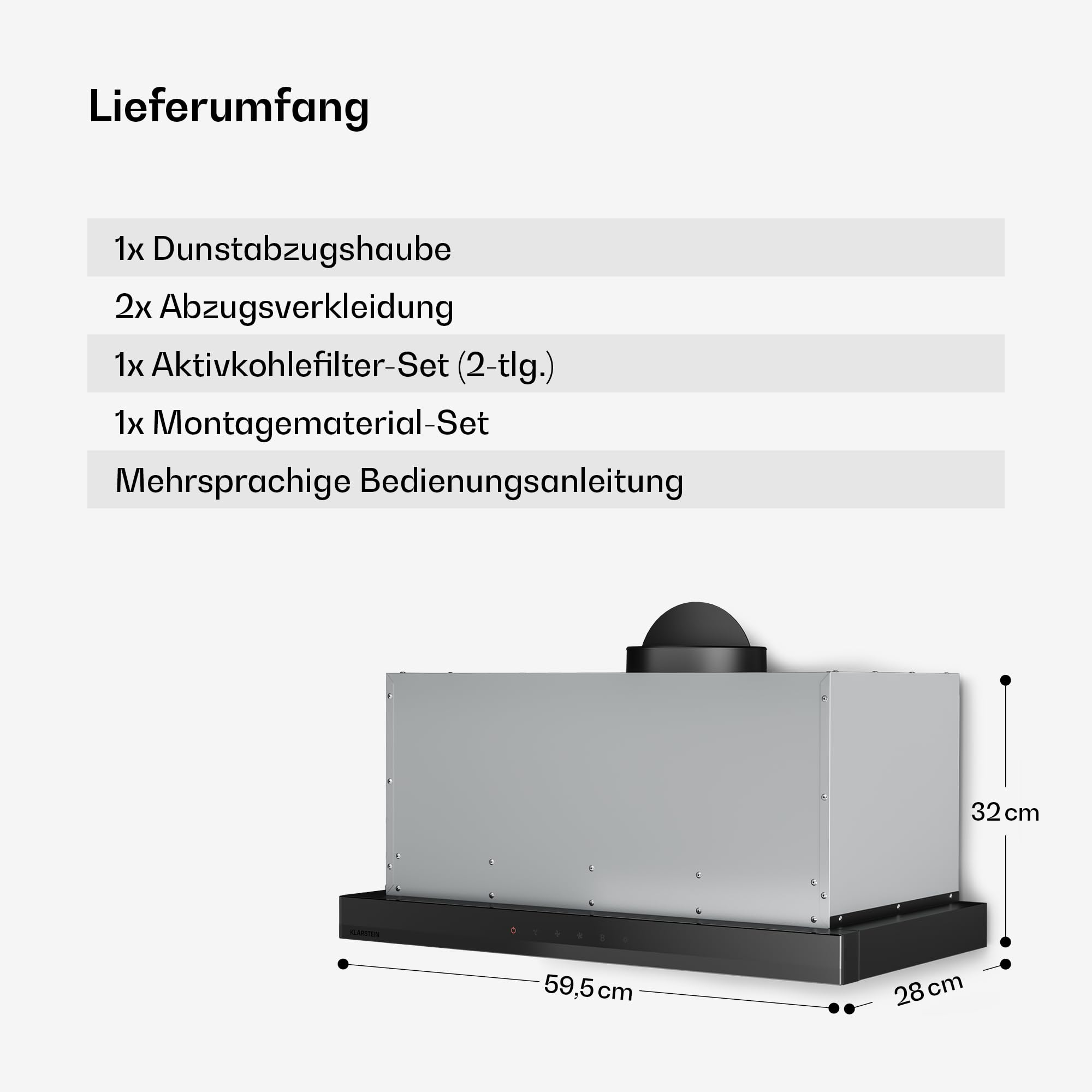 Klarstein Velaire Dunstabzugshaube 60cm, Unterbau, Ausziehbar, 896 m³/h Boost, Touch, Energieklasse A++, LED, Leise, Aluminium- & Aktivkohlefilter, Unterbauhaube Küche, Schwarz