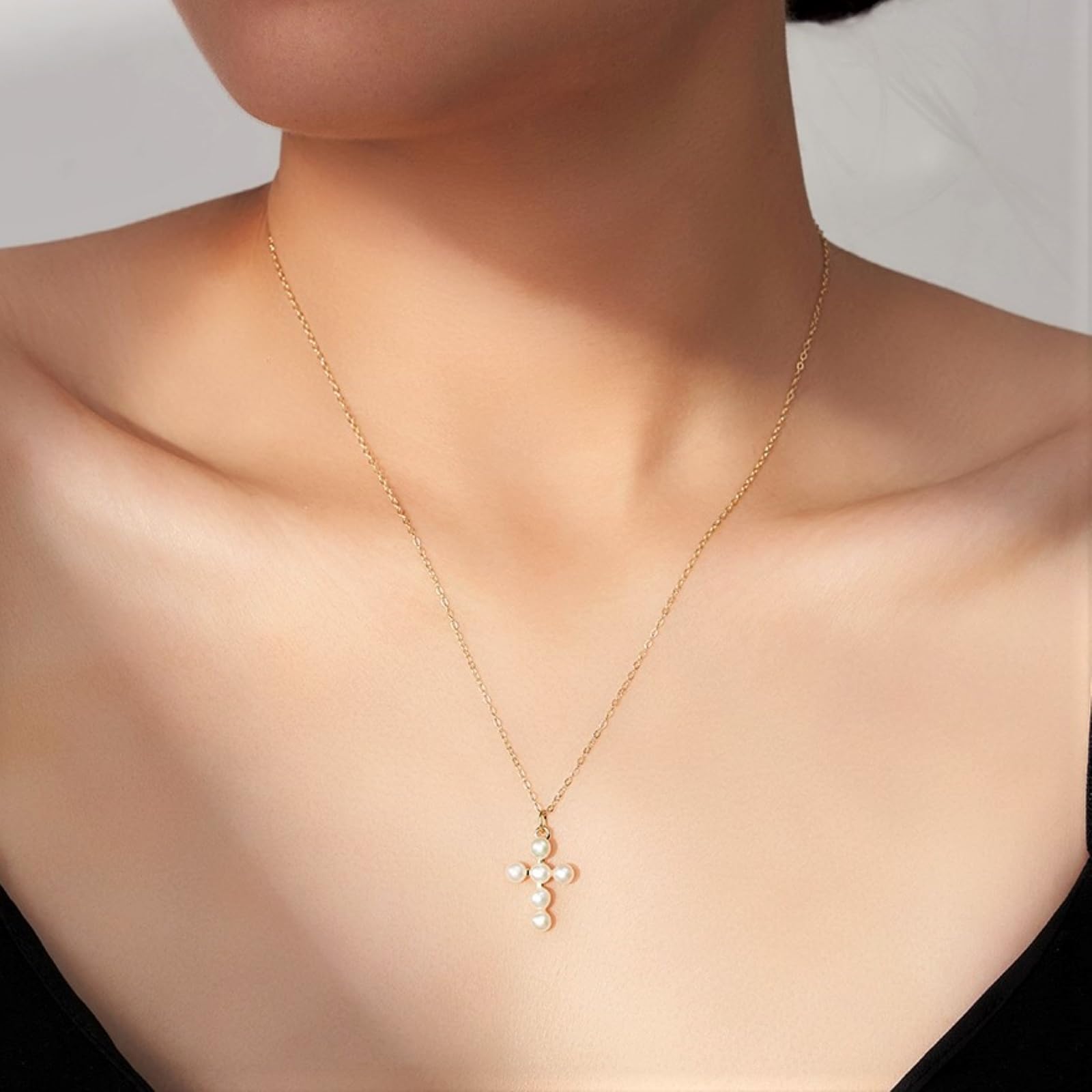 Pendientes/Collar con perlas de agua dulce para mujer cruz de diseño plata de ley 925