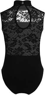 Hansber Girls Floral Lace Dance Leotard Mock Neck Keyhole Back Ballet Gymnastics Bodysuit Athletic Dancewear