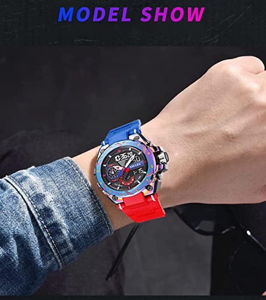 FANMIS Mens Analog Digital Sports Watch Large Face Outdoor Sports Waterproof Military Wrist Watches with Date Multifunction Tactics LED Army Stopwatch (X-Red) - Image 6