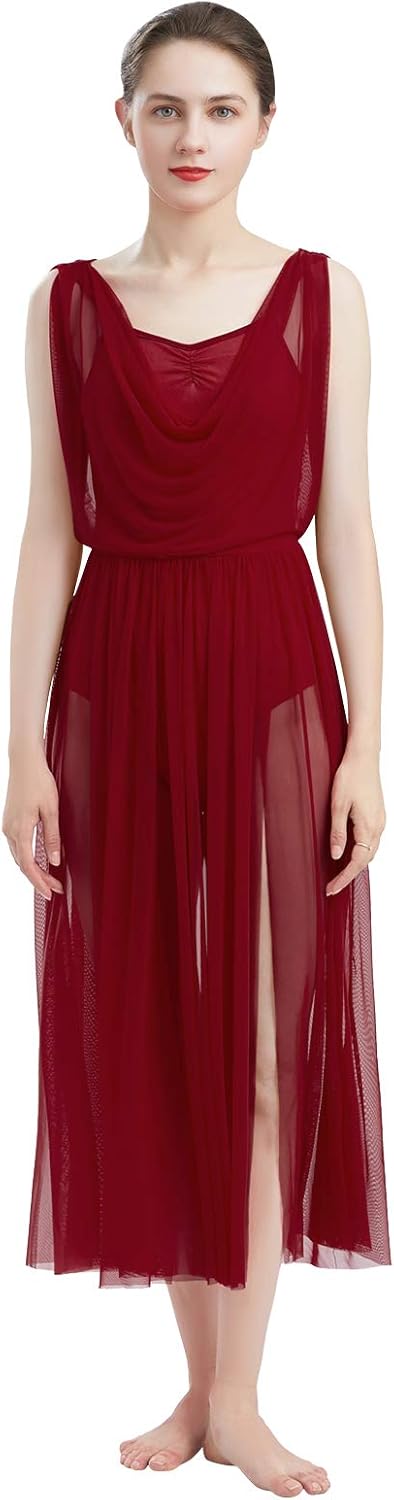 ODASDO Women Lyrical Modern Contemporary Dance Costume Leotard V-Neck Backless Split Tulle Skirt Flowy Overlay Dress - Image 5