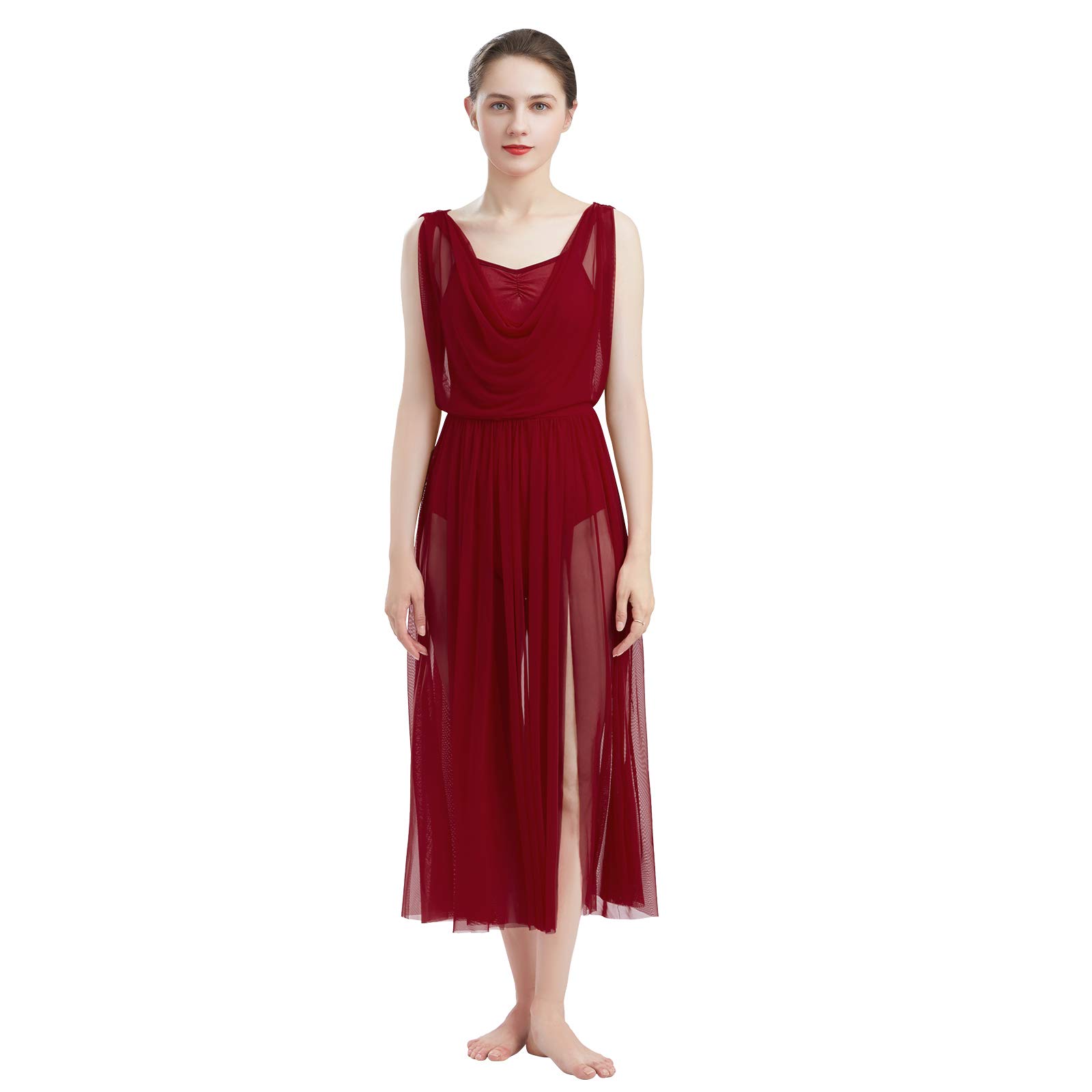 FYMNSI Adult Women Lyrical Dance Costume Modern Contemporary Dancewear V-Neck Backless Split Mesh Tulle Long Skirt Flowy Overlay Dress Stage Performance Clothing